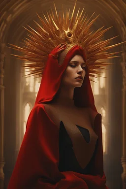 lady in red veils her face and has a large golden spiked crown, in the style of celestial fasion, otherworldly beauty, davide sorrenti, celestialpunk, album covers, fra angelico, aykut aydogdu, queencore, golden age aesthetics --s 750 --v 6. 0 --ar 10:13