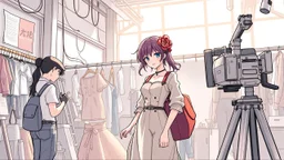 Draw A giant beautifu fashion model lady With Some anime very little workers.The workers are working on gian lady to prepare she for her show