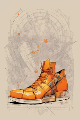 create fanciful women's flat soled shoes with decorative orange stitching, illustrated in the comic book style of Bill Sienkiewicz and Frank Miller, highly detailed, 4k