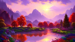 Serene landscape by day with sunlight beams with river running trough mountains, a forest with a lot of vibrant colors, in the style of bob ross, thomas kadinskade and albert bierstadt. Peacefull and calming, intricate details, vibrant.