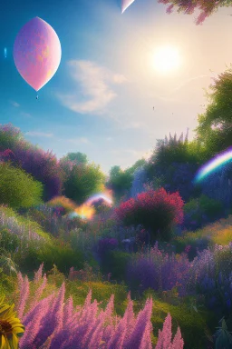 digital illustration, a world full of life divine thrill of biological tranquil sky, flowers, bright color splashes, high detailed 8 k,ufo rainbow