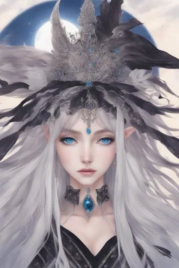 Moon queen long white hair, black robes, blue eyes