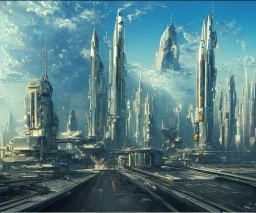 A Spaceship is taking off,Space Center on a heavy industrialized planet with a futuristic city in the background, (retrofuturistic:2), art by John Berkey, buildings with glass facades, brutalist architecture, insanely detailed, vibrant, 8k uhd, cinematic atmosphere, ultra-wide angle, street level view, brush strokes, blue sky with clouds, sharp focus