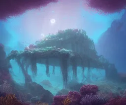 an ancient sunken temple structure, overgrown, mystical underwater shot, colorful coral reef, filtered diffraction lighting, fantasy digital art, trending on artstation