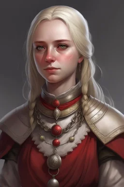 young blonde grey-eyed female human cleric with a necklace of red beads, wearing scale mail