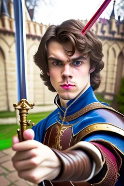 european brown hair young adult royal guard swordsman with rapier selfie stick