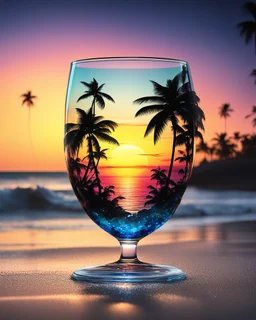 Stunning conceptual beach scene illustration in cocktail glass silhouette. Beach with vibrant colors, sunset sky and coast with palm trees. Cinematic black background, the glass looks like a window to a tropical paradise.12k 3D HD hyper-realistic Image quality CodeFormer AI 12K, cute flower fairy with bright wings like morning dew, flutters from flower to flower. Hair in curls,adorned with petals and pollen, mysterious phoenix woman,her silhouette made with interconnected and integrated elements