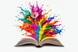 Mesmerizing library rainbow-like explosion of colors that bursts from a book. The fluid paint cascades downward in a dynamic motion, creating a captivating visual effect. Fluid paint explosion, resulting in a harmonious fusion of modern design, painting, and illustration. White Background