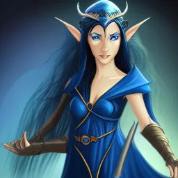 dungeons and dragons character, female half-elven sorcerer wearing a blue dress, long black hair, dark blue eyes, smiling, pretty face, close-up, realistic