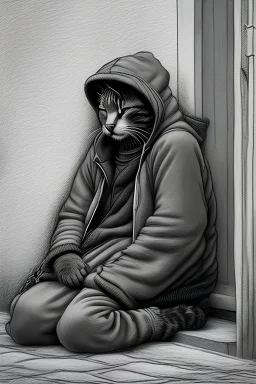 One single mature homeless cat with worn out clothes, sleeping in a corner on the street, Vienna, mourning, model style, hyper realistic, extremely accurate, delicate, extremely detailed, Graphic novel style, wide-angle, open aperture, superfine pencil