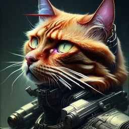 A beautiful portrait of ginger old cyberpunk cat by sandra chevrier and, greg rutkowski and wlop, red color scheme, high key lighting, volumetric light, digital art, highly detailed, fine detail, intricate, ornate, complex, octane render, unreal engine, photorealistic