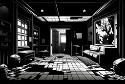 black and white platformer 2d background of a room, facing to the right, black and white noir