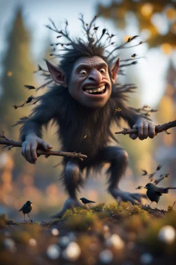 twig troll catching crows with glue,bokeh like f/0.8, tilt-shift lens 8k, high detail, smooth render, down-light, unreal engine, prize winning