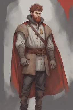 man, age 20, medieval, fighter, russian, croocked nose, czar, rich, simple clothes, short messy hair, thick beard, oligarch, leather coat with fur, brocade clothes, pencil drawing, black or red hair, muscles