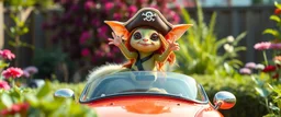 totally symmetric fluffy gremlin slug nice cheerleader pirate in plastic car in garden doing her thing full body portrait T-pose