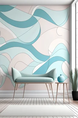 Create handpainted wall mural with curving waves in a geometric pattern, inspired by the subtlety of Bauhaus design. Use pastel shades of blue, mint green, and blush pink for a soft and calming effect."