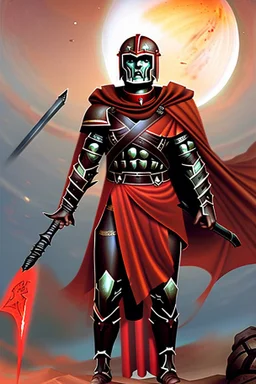 Planet Mars portrayed as a menacing man wearing Roman-like armour, a red cape, and a spartan helmet that covers his face entirely, he is armed with a spear and a spartan shield, his armour is covered with battle marks