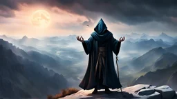 The hooded sorcerer on the mountain top