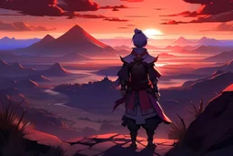 genshin impact character looking into landscape, dessert, sunrise, sunset, looking at journey ahead, dark red purple, dessert vibes, wide mountain view, pyramids, video game war character, semi realism, looking out to the field. anime style