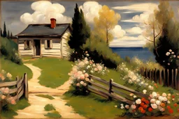 Clouds, cabin, spring trees, little pathway, fence, flowers, edouard manet impressionisn painting