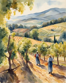 A sunlit vineyard with workers harvesting grapes against a backdrop of rolling hills. Watercolor, Post-Impressionism. Created in the style of Isabella Marconi.