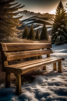 Rustikale Parkbank in den Bergen im Schnee, Morgenstimmung