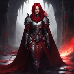 Amid the ruins of a forgotten throne room, she sits—her armor glinting softly in the dim light, her crimson hair cascading like a river of blood. The battle is over, the echoes of clashing steel fading into silence. A skeletal relic lies at her side, draped in a tattered cloak, a reminder of the foes she has vanquished and the path she has walked. Her gaze is distant, as if looking beyond the crumbling walls to a destiny still unfolding. In this moment of rest, she is caught between the warrior