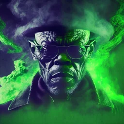 Yung Samuel l jackson, mutando en un alienigena skrull, depresive green abstract digital art obscure smoke london dramatic, torbellino de oscuridad