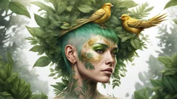 white background, punk 45 years old, forest on head, plant hair, green plants, golden birds, golden makeup, tattoo, shiny aura, very detailed, fine rendering, high detail, high resolution, 8K