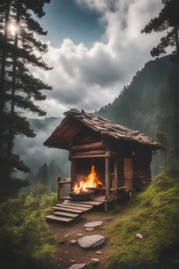 A beautiful hut with a fire for cooking and partly cloudy and cloudy weather on top of a forested mountain.