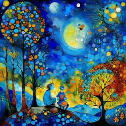 create a poetic dreamlike painting in the style of Marc Chagall, geometric family of father, mother, and baby riding a bicycle through a magical night forest, glowing triangular trees and colorful circles floating like stars, large luminous moon overhead, painterly textures with deep blues and purples, surreal and emotional atmosphere --ar 16:9 --v 7 --style 4b --q 2