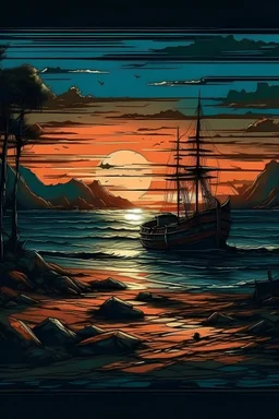 Experience the beauty of a dark sunset on a beach through this captivating pop art illustration. The artwork showcases a rusticcore aesthetic with majestic ports and rusty debris, creating a realistic and enchanting scenery.