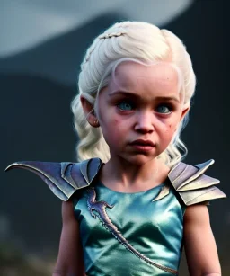 Daenerys Targaryen toddler, dragon, full body, dramatic lighting, angry, hyper realistic,