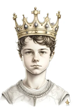 Draw for me a twelve-year-old boy with a crown on his head. He has dazzling beauty and dark eyes. He has unruly hair and the picture is in a realistic style with a white background. Draw his whole body from head to toe