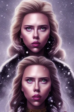 portrait Scarlett Johansson warrior with big bobs black hairs violet Christmas top in the snow and fire