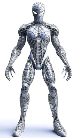 Arte lineal Spiderman cyborg de pie, full body calidad ultra, hiperdetallado, maximalista, color blanco, increíble obra de arte piernas completas pies completos