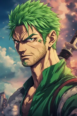 Portärt von Zoro im Anime Styl mit epischem Hintergrund