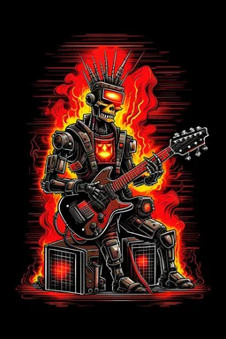 A robot terminator with a red punk crest playing bass, black background, flames all around him.