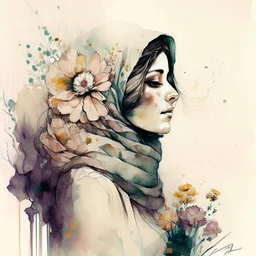 woman,life,freedom,iran hand-drawn watercolor, muted tones, flowers everywhere, REALISTIC