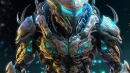 photorealistic Wixarika warrior cyborg marauder opalescent space gigantic monster, interstellar galactic particles stream event horizon, quantum wormhole