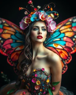 Gorgeous Realistic Photography Camera Lens soft blur Pretty European Supermodel as Beautiful Butterfly Lady, a stunning beautiful woman adorned in vibrant carnival attire, ethereal beauty, black background, with swirling colors and fantastical tiny flowers, enchantment and grace, twisted vines, whimsical, surreal landscapes, emotive style, dreamlike quality, and magical realism, carnival red, ethereal pink, whimsical blue, vibrant green, celestial purple, golden amber, and shimmering silver