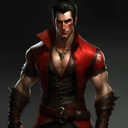 Un homme séduisant et athlétique, habillé en corsaire. Il ne porte qu'un pantalon près du corps en cuir rouge. Ses bras sont entièrement nus, dépourvus de tout vêtement, révélant des épaules musclées et bien définies. il a les cheveux tres court et noir. il porte une un veste sans manche en cuir rouge avec design noir