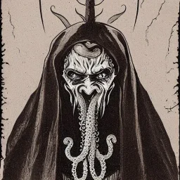 Nosferatu vampire with a beard made of tentacles as a Russian Orthodox with bat fangs