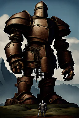 Mechanical colossus with a medieval crusader knight helmet as a head that's bigger than a mountain