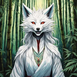 full color front facing full body portrait of a shape shifting white kitsune fox spirit possessed woman with highly detailed hair and slim, narrow facial features, trekking through haunted mountain bamboo forest, pierced by shafts of early evening light , danger lurks everywhere but she is undeterred and resolute in her purpose, art in the style of Alex Pardee, spirited away, studio ghibli, , 8k , finely detailed and precise line work, soft gauzy pastel colors