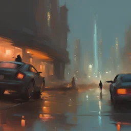 an oil painting of a shiny abandoned futuristic city at night, artstation, illustration, comic, blur, low quality, by Henry Asencio, by Bo Bartlett