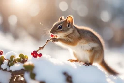 A beautiful little chipmunk catches a berry while standing on a snowy branch in sunshine, ethereal, cinematic postprocessing, bokeh, dof