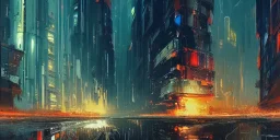 Art by John Berkey and John Harris and alena aenami and blade runner and akira, futuristic cyberpunk city, high rise, smooth, sharp focus, higly detailed, digital painting, concept art, elegant, centered, buildings connected through platforms