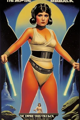 concert poster for movie: "the empire strikes back" featuring a skinny young carrie fisher as Princess leia in her slave bikini costume in Jabba the hutt's, retro futurism lowbrow