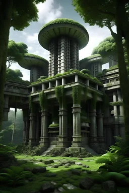 picture of an ancient nuclear semiotics brutalist architecture jungle temple in the style of las pozas xilitla, Stonehenge. concept art hyperrealism